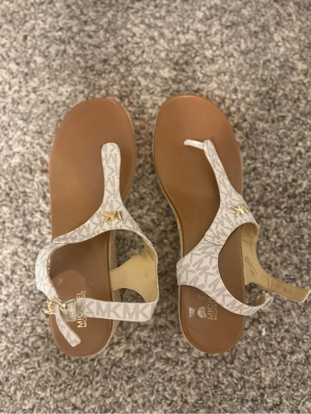 Michael Kors Beige Logo T-Strap Sandals with Gold Accent